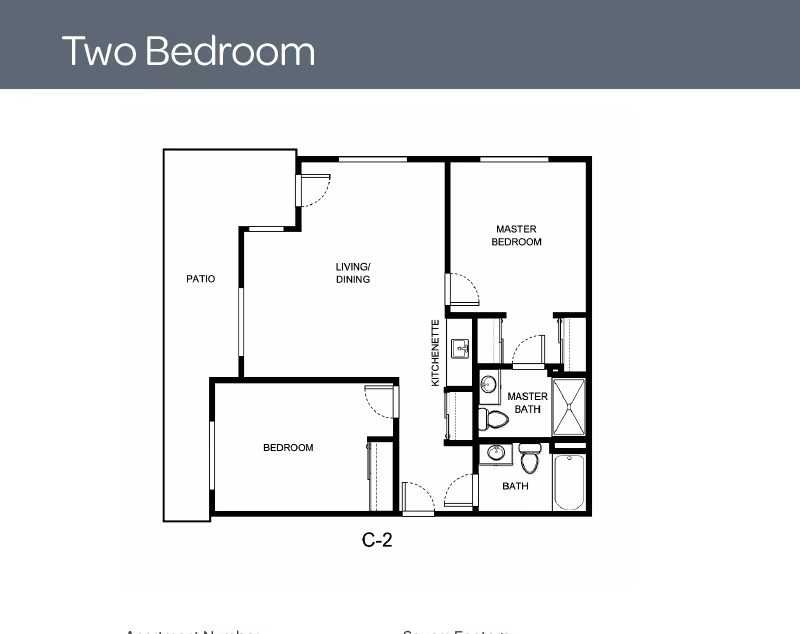 Floor plan of a two-bedroom unit featuring a patio, living/dining area, kitchenette, master bedroom with master bath, a second bedroom, and an additional bath.