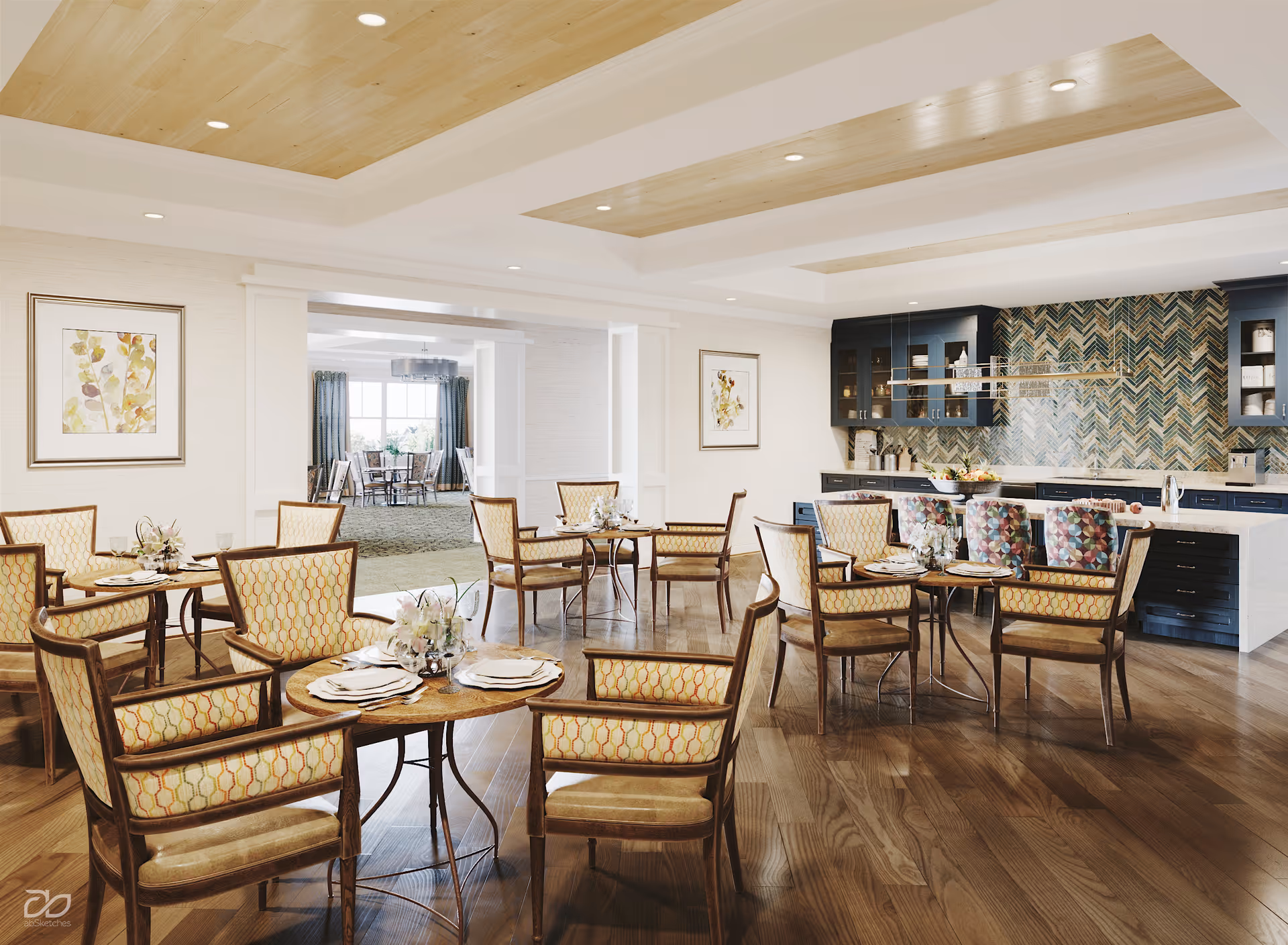 A bright and spacious dining area in a senior living facility with several round wooden tables set with plates, glasses, and floral centerpieces. The chairs have patterned upholstery with wooden frames. The room features a wooden floor, a ceiling with recessed lighting and wood paneling, and a kitchen area with dark blue cabinets and a colorful herringbone tile backsplash. In the background, another dining area with large windows and curtains is visible.