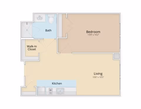 Colored floor plan of a one-bedroom apartment showing a bedroom, living room, kitchen, bathroom, and walk-in closet.