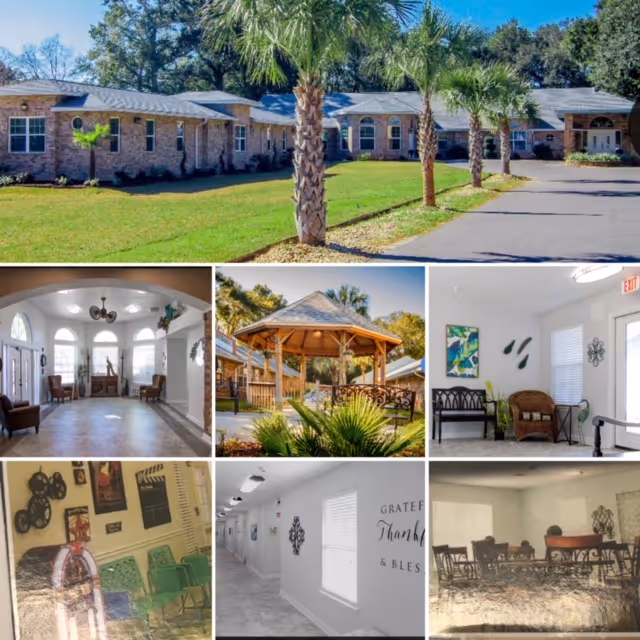 Collage of images from Windermere Memory Care facility showing the exterior brick building with palm trees and driveway, a spacious lobby with arched windows and seating, an outdoor gazebo surrounded by greenery, a small seating area with chairs and wall art, a hallway with wall decorations and windows, a waiting area with green chairs and movie-themed decorations, and a dining area with tables and chairs.