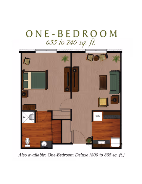 Floor plan of a one-bedroom apartment showing a bedroom with a bed and nightstand, a living room with sofa, chairs, coffee table, and TV stand, a kitchen area with appliances, a bathroom with toilet and sink, and a washer/dryer area. The layout includes carpeted and wooden floor sections.