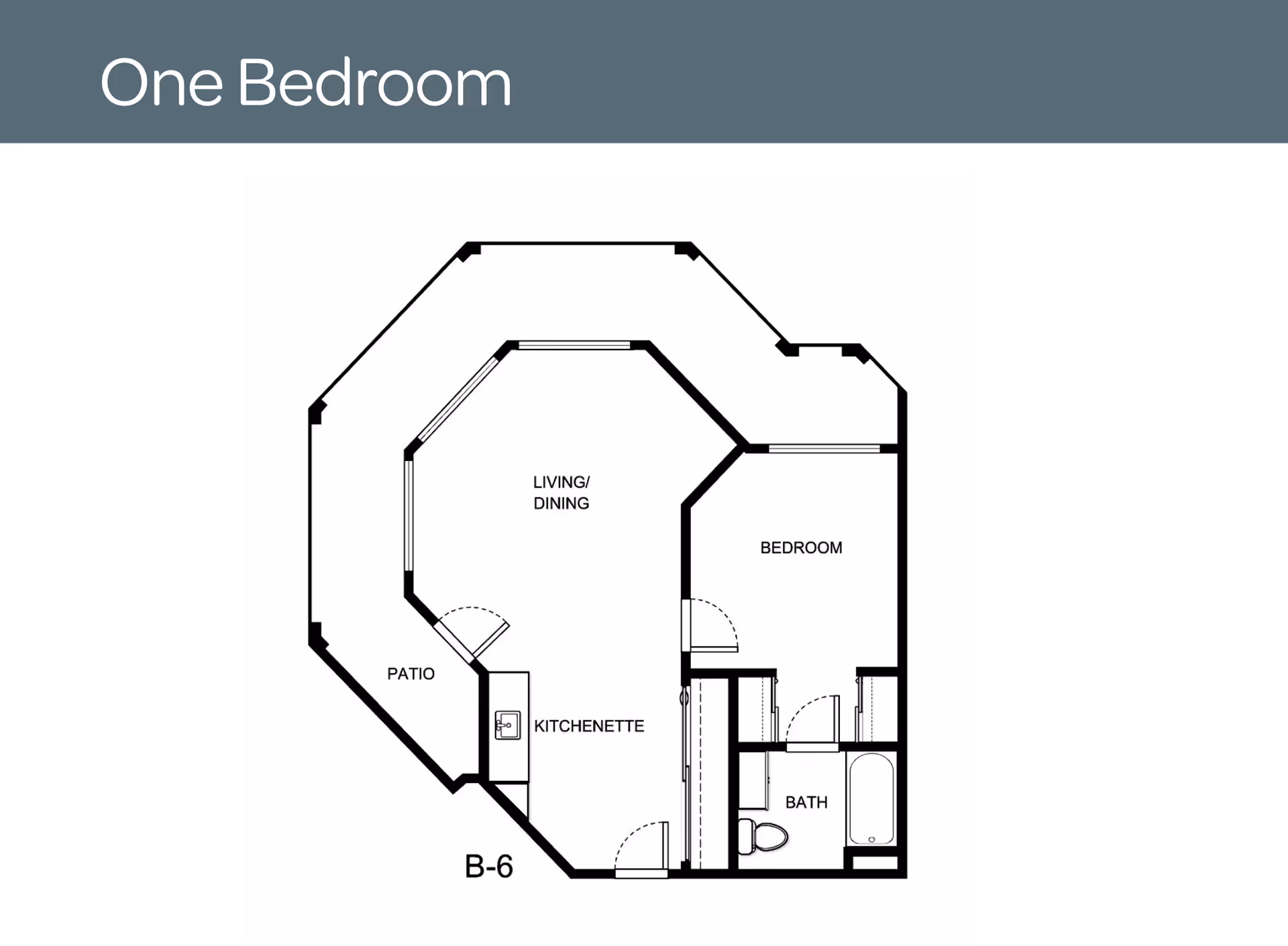 Floor plan layout of a one-bedroom unit at Holiday Aspen View showing a living/dining area, kitchenette, bedroom, bathroom, and patio.