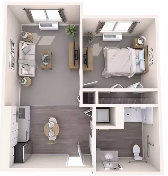 Top-down view of a one-bedroom apartment floor plan showing a living room with a sofa, coffee table, TV, and plant; a bedroom with a bed, nightstand, and TV; a kitchen with a dining table set for two; and a bathroom with a sink, toilet, and shower.