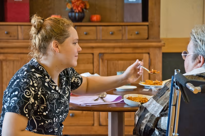 A young woman with her hair tied back is feeding an elderly person in a wheelchair at a dining table. There are bowls of food and utensils on the table, and a wooden cabinet with drawers and decorative items in the background.