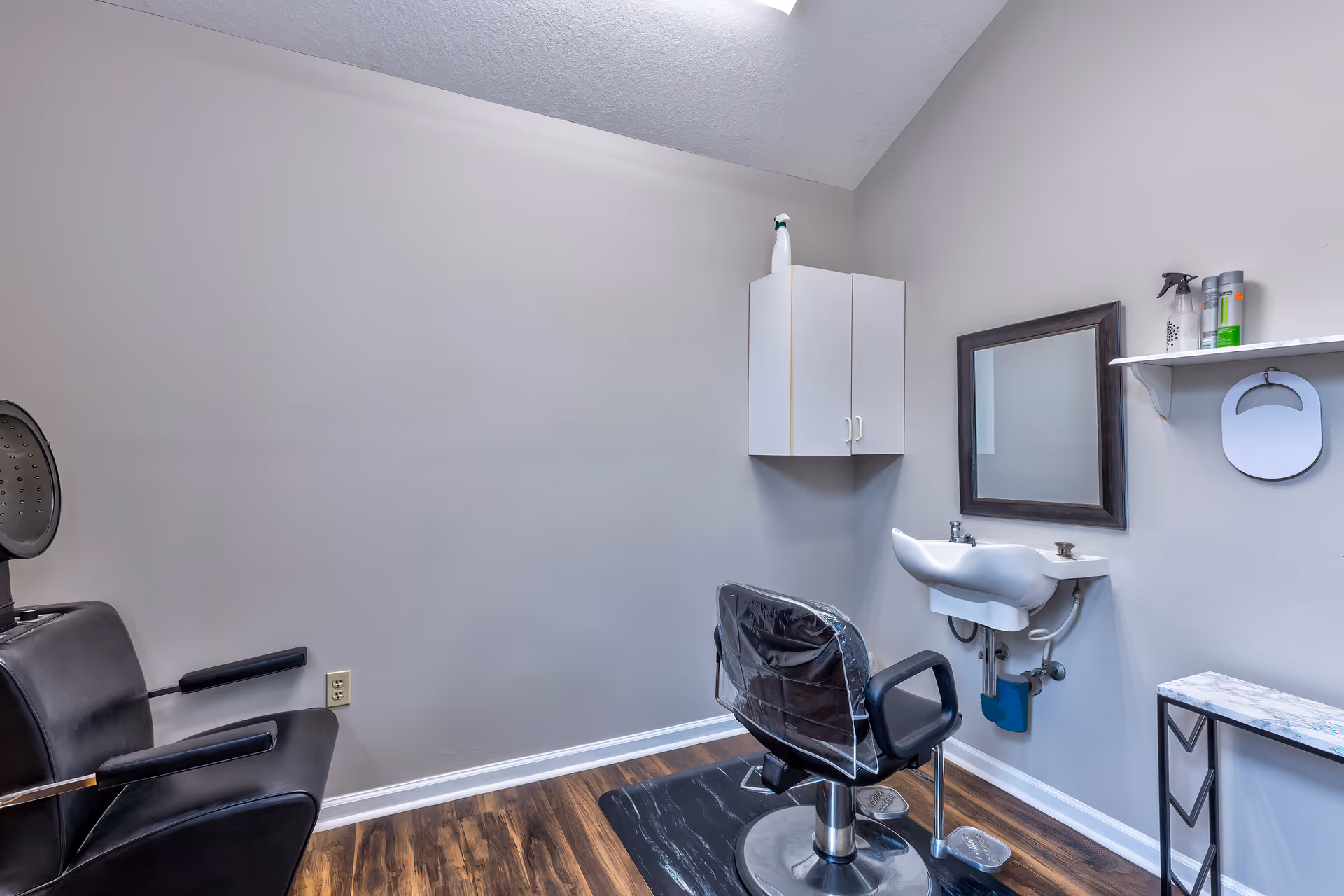 Interior of a small salon or grooming room with a black salon chair in front of a white sink mounted on the wall. There is a mirror above the sink, a white cabinet mounted on the wall, and a shelf holding spray bottles and other items. The floor is wood with a black mat under the chair.