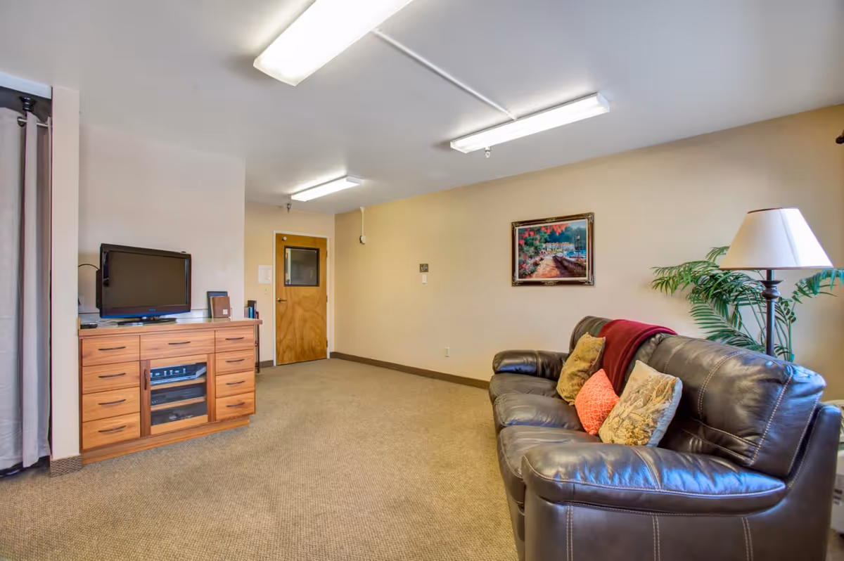 A cozy common room with a leather sofa, TV on a wooden cabinet, wall art, lamp and potted plant.