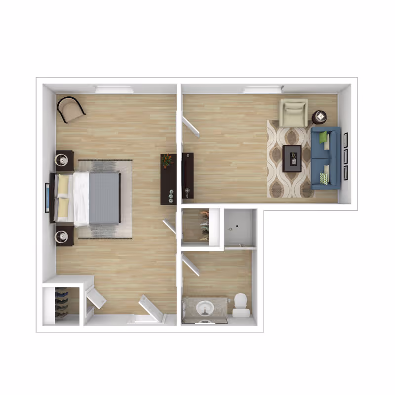 Top-down 3D floor plan of a one-bedroom apartment showing a bedroom, living room, bathroom, and closets.