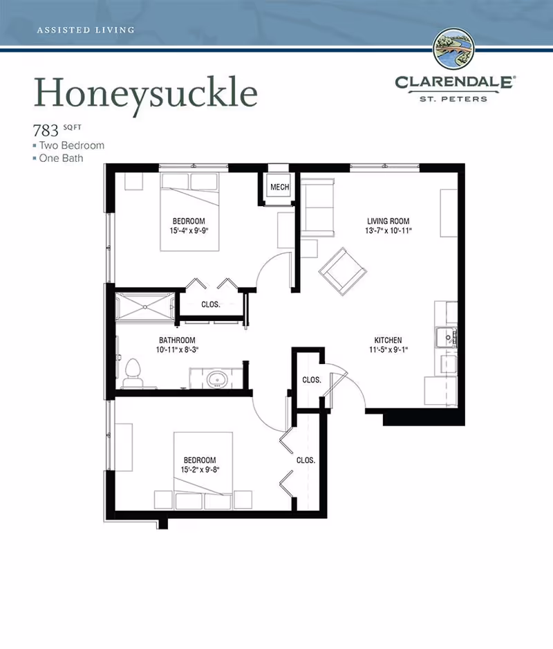 Floor plan of the Honeysuckle assisted living unit at Clarendale of St. Peters, showing two bedrooms, one bathroom, a living room, and a kitchen with dimensions and closet spaces.