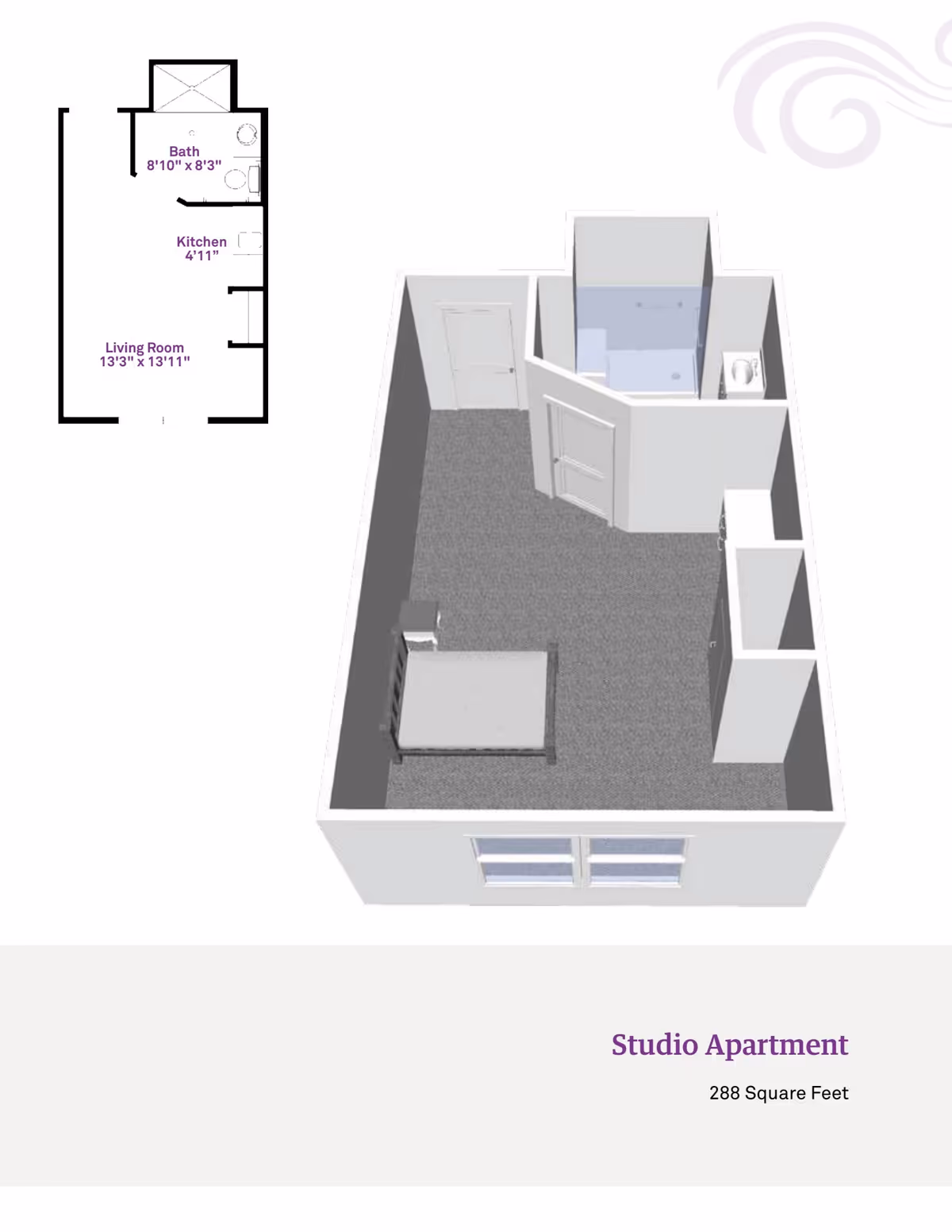 3D floor plan and layout of a studio apartment at Coventry Meadows Assisted Living, showing a living room with a bed and nightstand, a small kitchen area, and a bathroom with a shower, toilet, and sink. The total area is 288 square feet.
