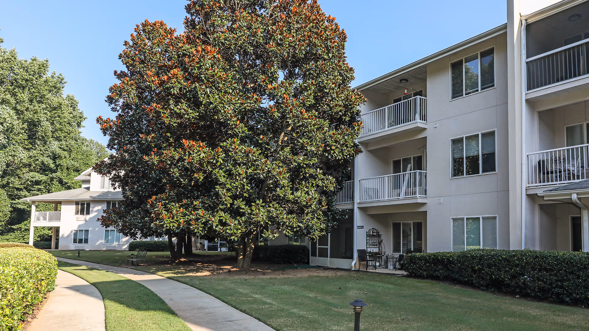 Outdoor view of a senior living facility with a paved walkway curving through a grassy area. There are large trees and bushes surrounding the path, and a three-story building with balconies and windows is visible on the right side.