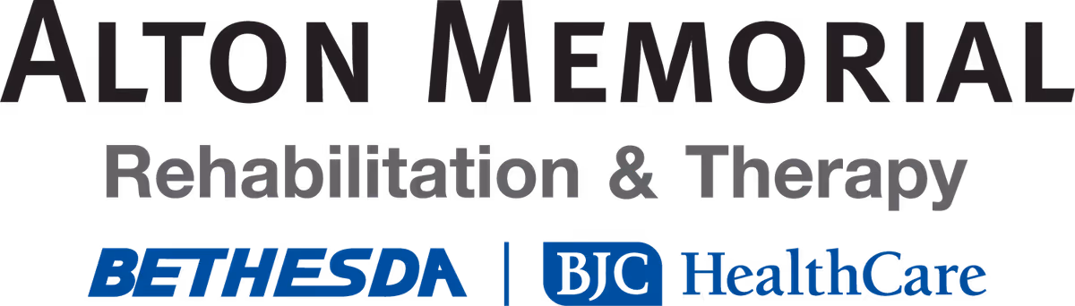 Signage reading 'Alton Memorial Rehabilitation & Therapy' with Bethesda and BJC HealthCare logos on a black background.