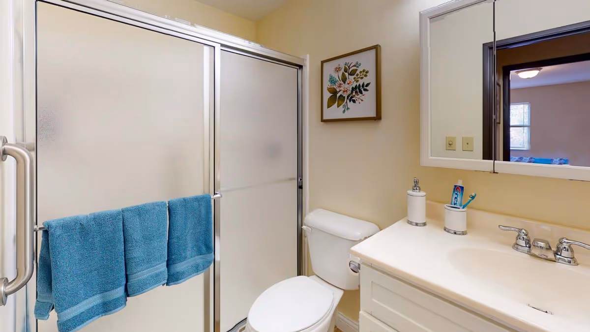 A bathroom with a white toilet, a white sink with a countertop, a mirror above the sink, and a shower with frosted sliding glass doors. Three blue towels hang on the shower door handle. A framed botanical print is on the wall above the toilet.
