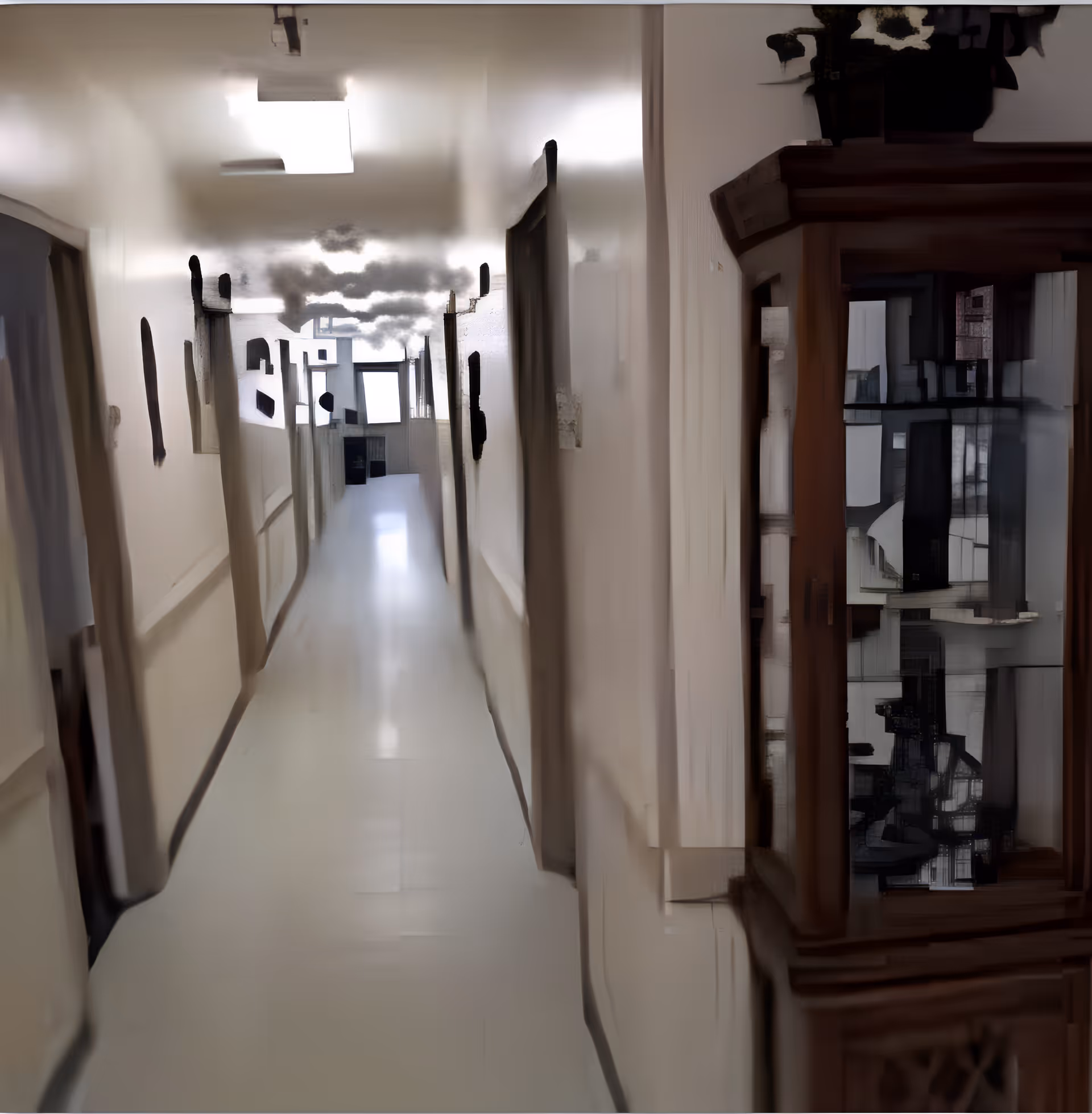 Long, brightly lit interior hallway with handrails along the walls and a glass-fronted cabinet on the right.