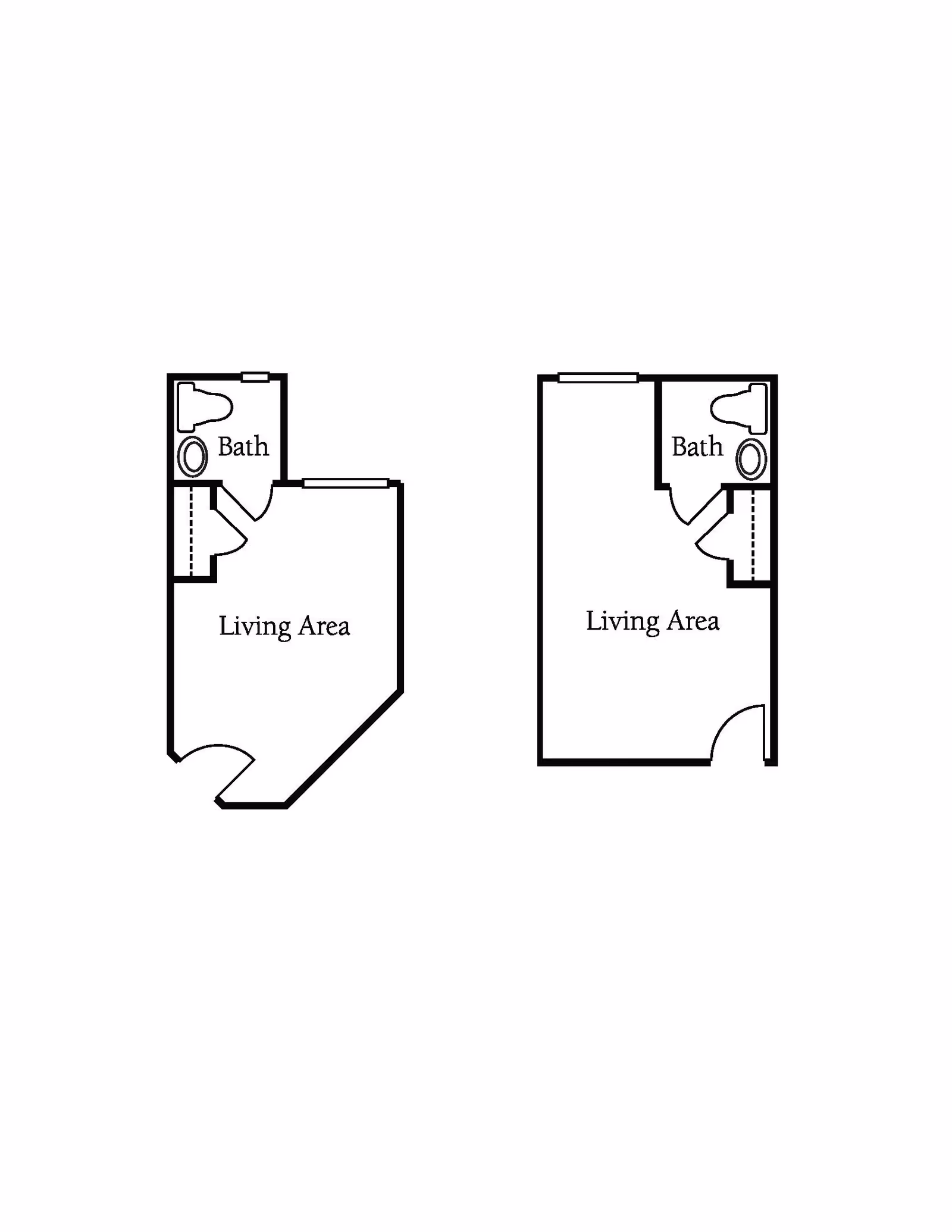 Two simple architectural floor plans side by side, each showing a living area and a bathroom. The left floor plan has an angled entrance and a closet near the bathroom. The right floor plan has a rectangular shape with a closet near the bathroom.