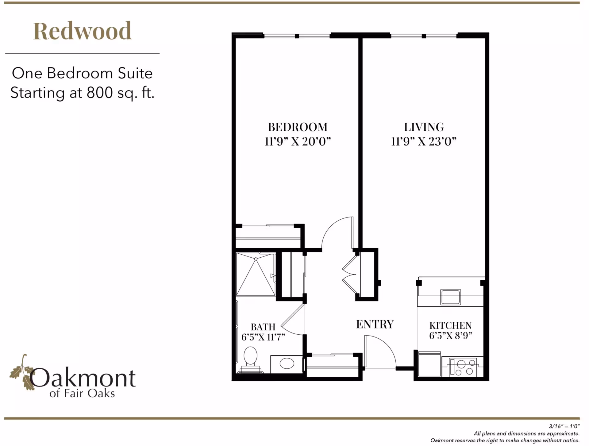 Floor plan of the Redwood one-bedroom suite at Oakmont of Fair Oaks, showing a bedroom measuring 11'9" by 20'0", a living room measuring 11'9" by 23'0", a kitchen measuring 6'5" by 8'9", a bathroom measuring 6'5" by 11'7", and an entry area. The suite starts at 800 square feet.