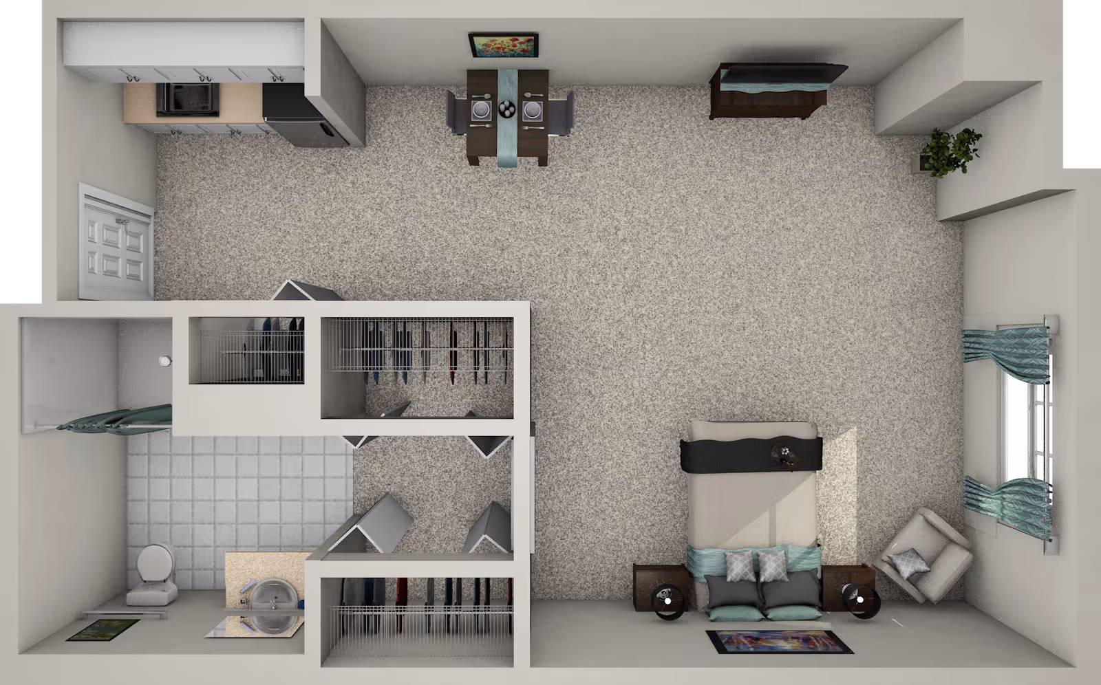 Top-down floor plan rendering of a studio apartment showing a kitchenette, dining table, bed with nightstands, bathroom, and closets.