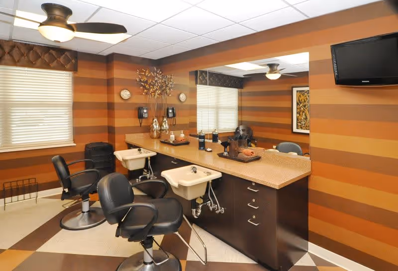 Interior salon area with styling chairs, shampoo sinks, a large mirror, striped brown walls and a mounted TV.