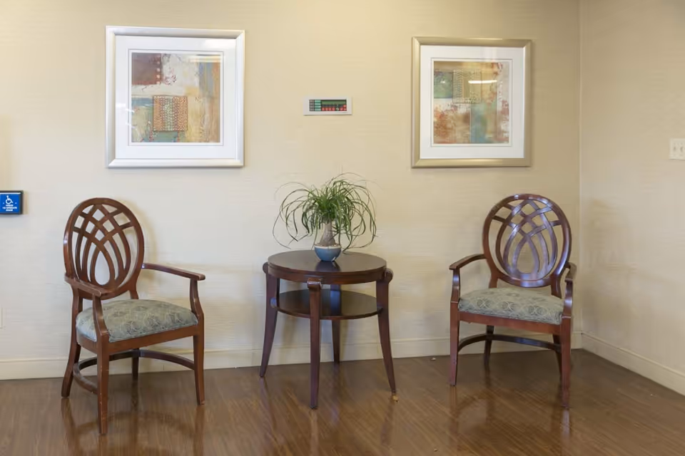 Two wooden chairs with patterned cushions are placed on either side of a small round wooden table with a potted plant on top. The setting is indoors against a beige wall with two framed abstract artworks hanging above the chairs and table.