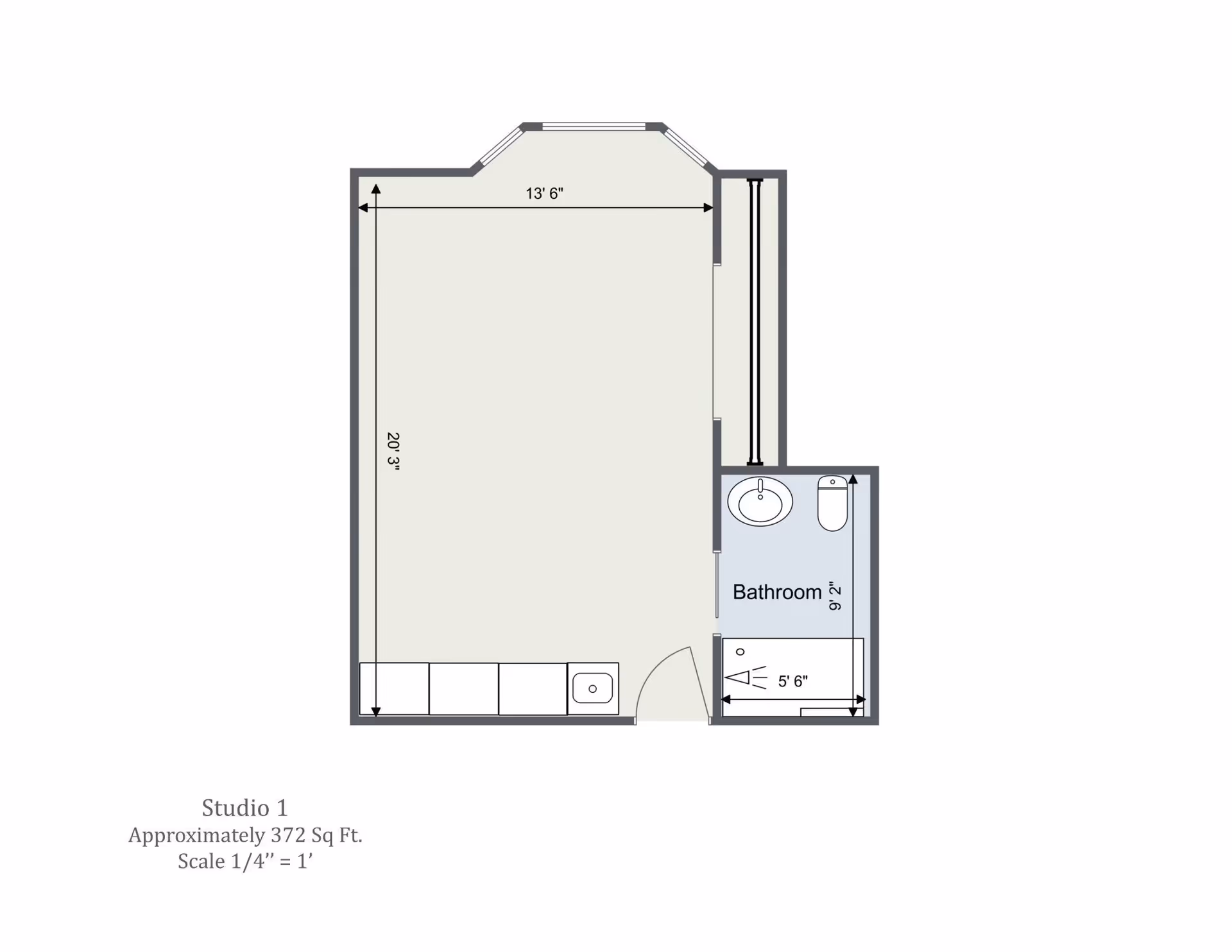 Floor plan of a studio apartment with an approximate area of 372 square feet. The main room measures 13 feet 6 inches by 20 feet 3 inches and includes a kitchenette area with a sink and cabinets. There is a separate bathroom measuring 9 feet 2 inches by 5 feet 6 inches, which contains a sink, toilet, and shower. The scale is 1/4 inch equals 1 foot.