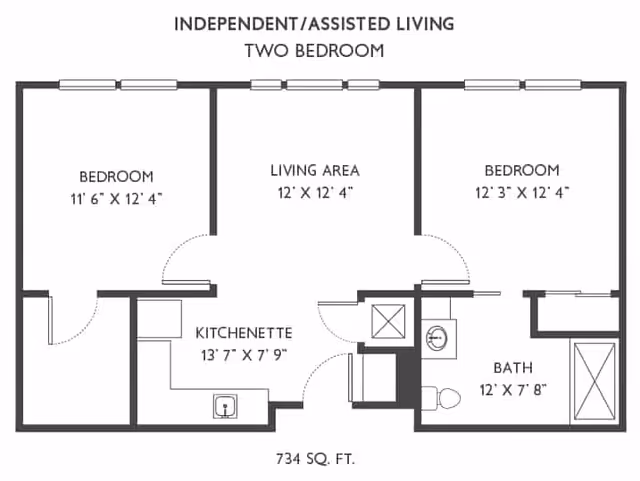 Floor plan of an independent/assisted living two-bedroom apartment with a living area, kitchenette, bathroom, and two bedrooms. The living area measures 12 feet by 12 feet 4 inches, one bedroom is 11 feet 6 inches by 12 feet 4 inches, the other bedroom is 12 feet 3 inches by 12 feet 4 inches, the kitchenette is 13 feet 7 inches by 7 feet 9 inches, and the bathroom is 12 feet by 7 feet 8 inches. The total area is 734 square feet.