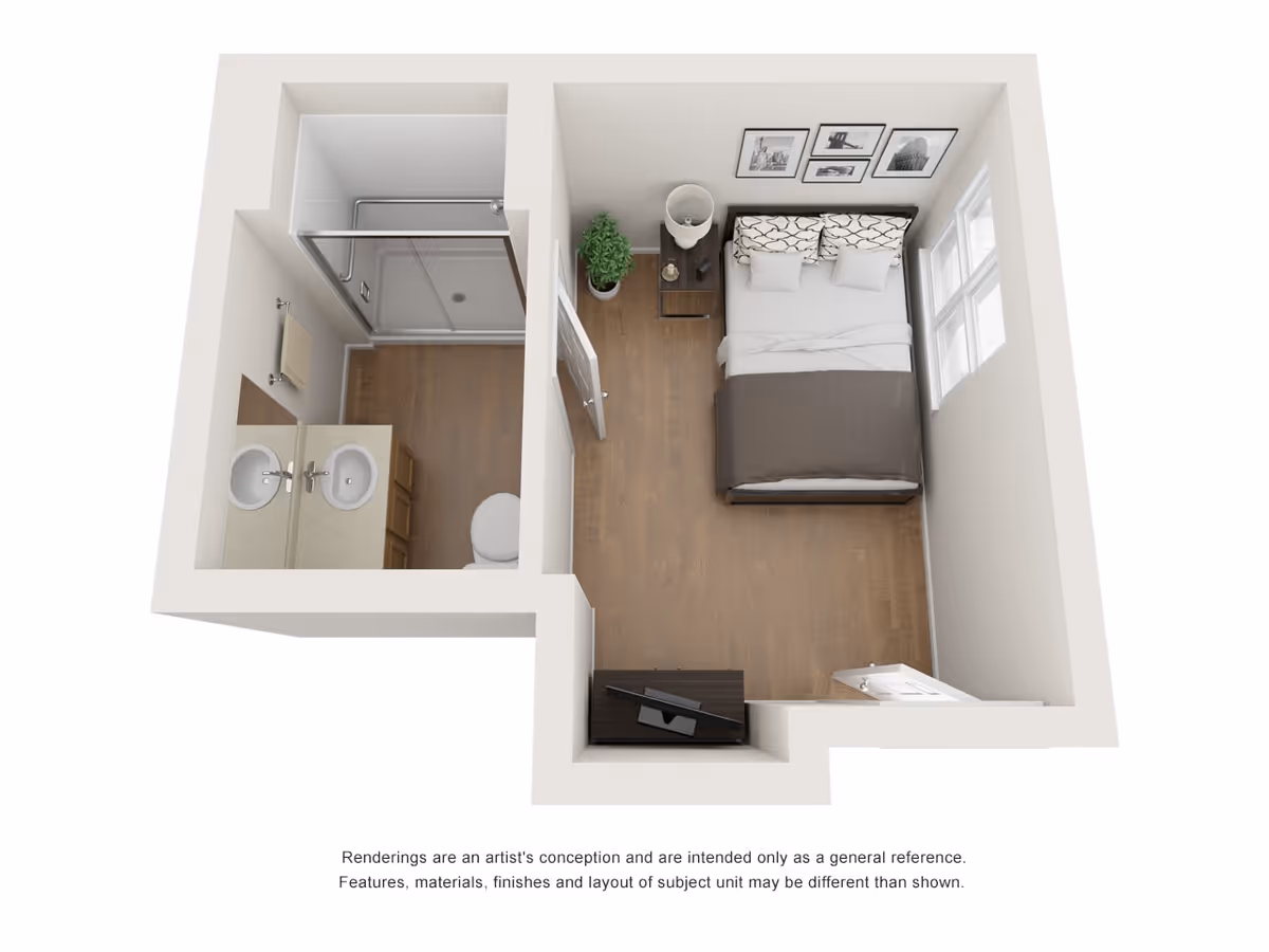 3D floor plan rendering of a small living space with a bedroom and an attached bathroom. The bedroom contains a bed with pillows and a blanket, a nightstand with a lamp and a plant, a TV on a stand, and three framed pictures on the wall. The bathroom has a double sink vanity, a toilet, and a shower with a glass door.