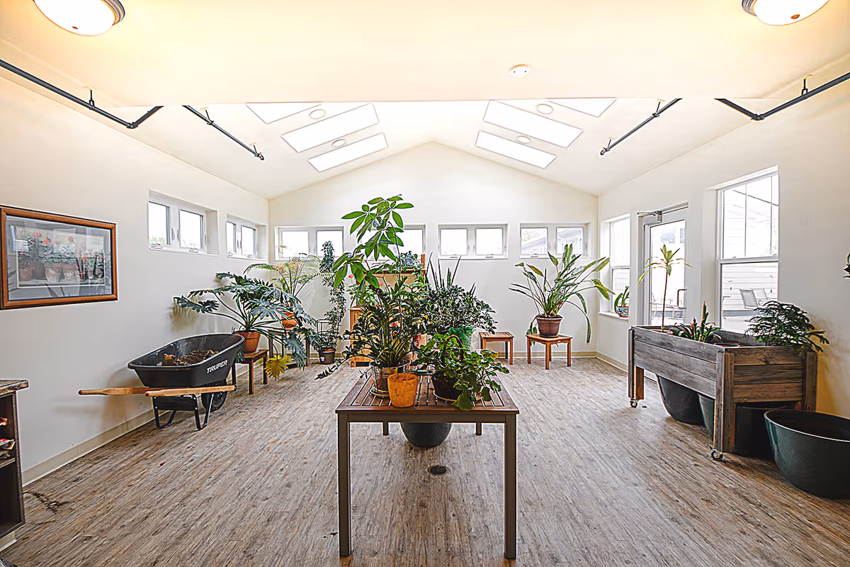 A bright indoor gardening room with multiple potted plants on a central table, on the floor, and on stands. The room has a high ceiling with skylights, several windows letting in natural light, and a wooden floor. A wheelbarrow is positioned on the left side, and there is a door on the right side leading outside.