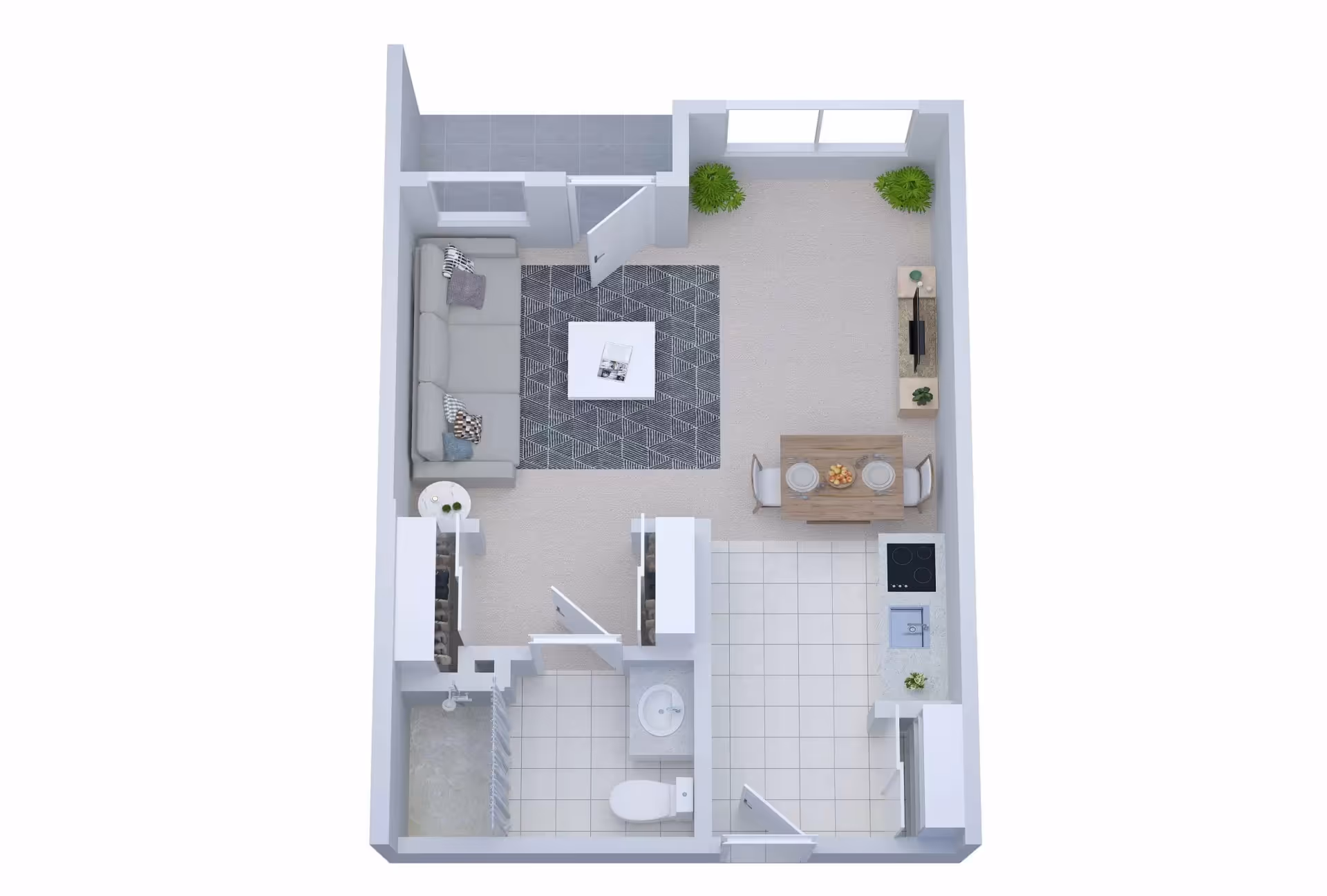 3D floor plan of a small apartment featuring a living area with a sofa, coffee table, and TV stand, a dining area with a table set for two, a kitchen with appliances and a sink, and a bathroom with a toilet and shower. There is also a small balcony accessible from the living area.