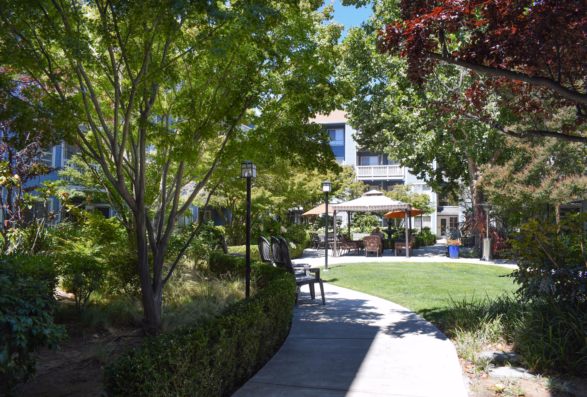 A sunny outdoor garden area with a curved concrete pathway, green grass, and various trees and shrubs. There are black chairs along the pathway and a seating area with tables and umbrellas in the background. A multi-story building is visible behind the garden.