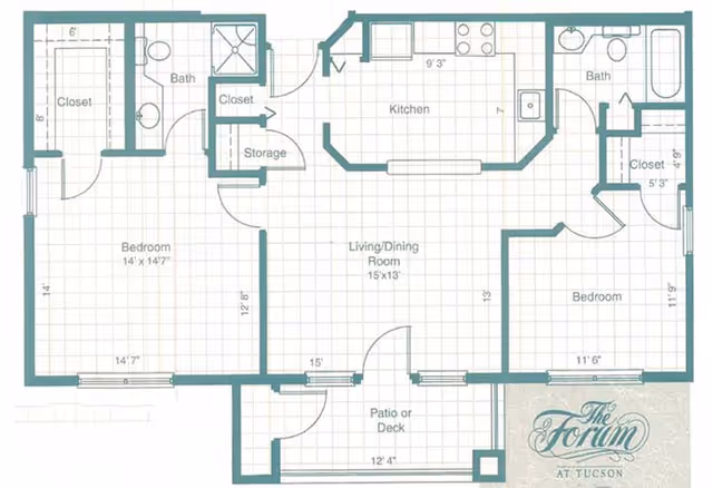 Floor plan of a two-bedroom, two-bath apartment with kitchen, living/dining room, closets and a patio, labeled 'The Forum at Tucson'.