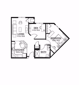 Architectural floor plan of an assisted living unit showing a living room, kitchen, den, bedroom, and bathroom with dimensions labeled for each room.