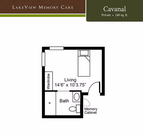 Floor plan of a private 240 sq. ft. memory care unit named Cavanal at LakeView Memory Care. The layout includes a living area measuring 14 feet 6 inches by 10 feet 3.75 inches with a bed and wardrobe, a bathroom with a toilet and shower, and a memory cabinet near the entrance.