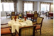 Bright dining room with round tables set for meals, upholstered chairs, patterned carpet, and large windows with floral valances.