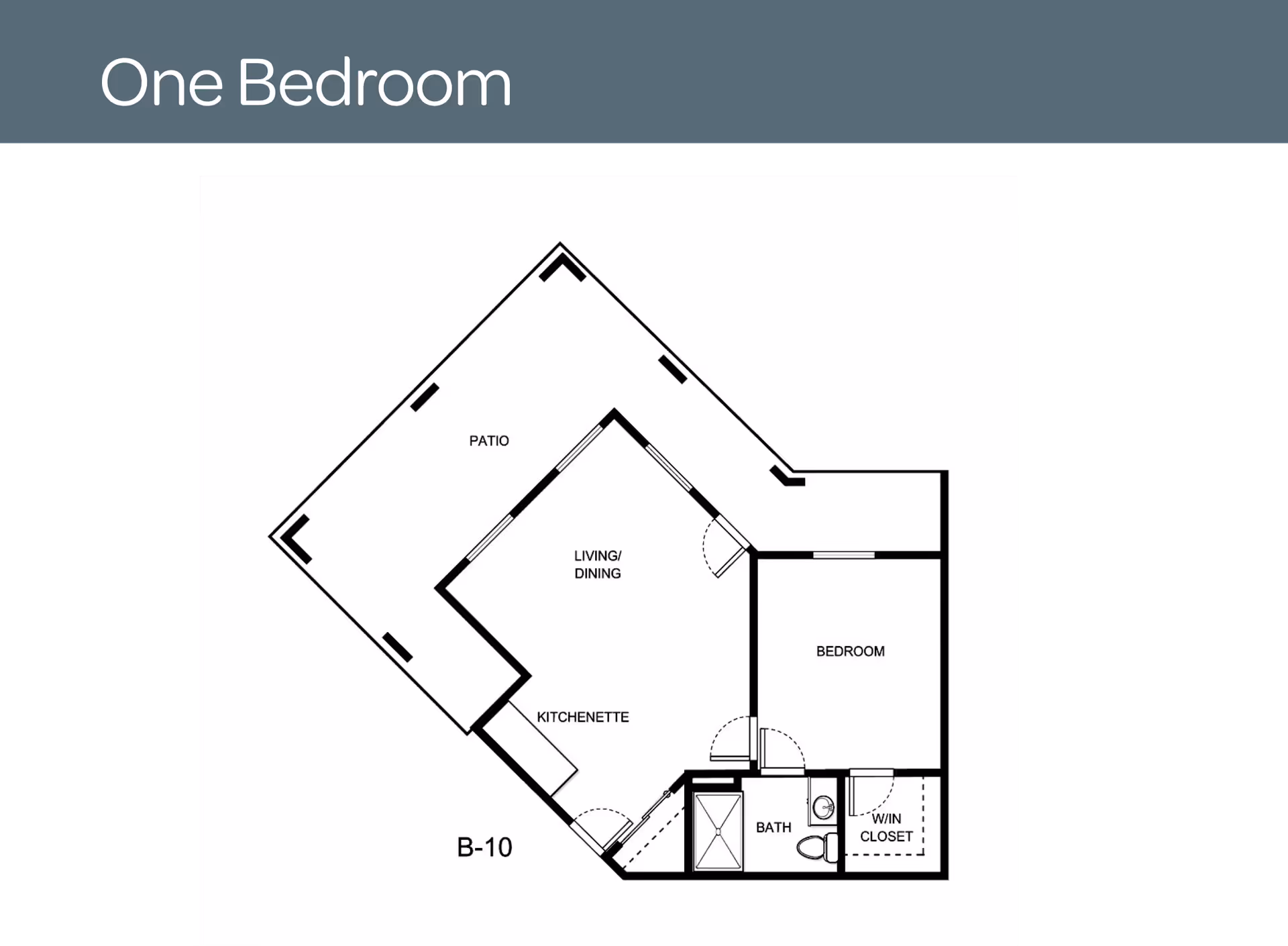 Black-and-white floor plan titled 'One Bedroom' showing a one-bedroom unit with patio, living/dining area, kitchenette, bath, and walk-in closet.