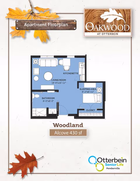Apartment floor plan for Woodland Alcove 430 square feet at The Oakwood at Otterbein Pemberville, showing a living room with kitchenette, sleeping area with closet, and bathroom.