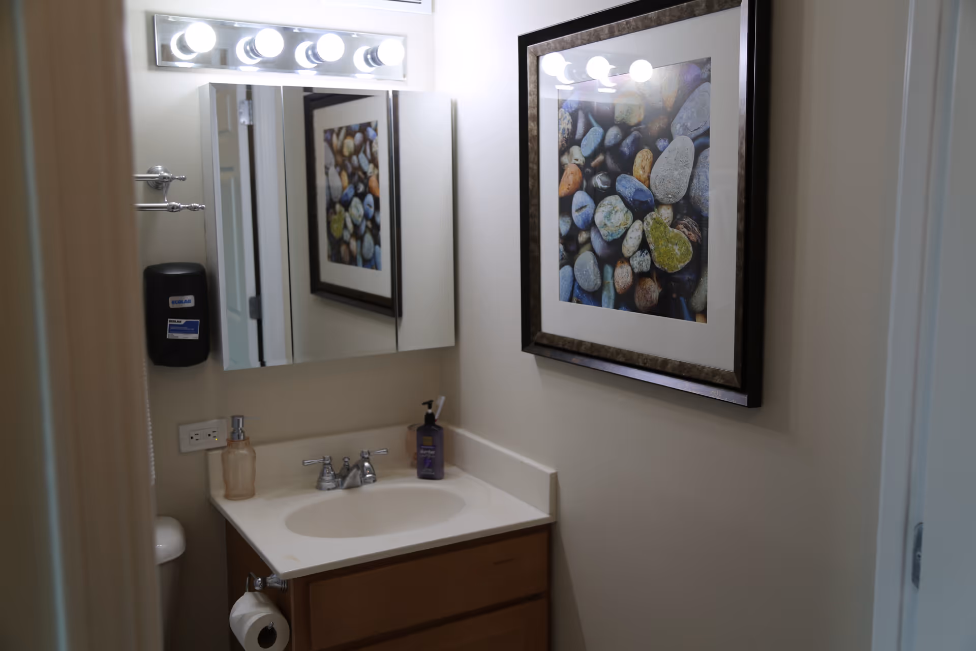 A small bathroom sink area with a countertop, faucet, soap dispenser, and a mounted paper towel dispenser. Above the sink is a mirror with lights, and on the wall to the right is a framed picture of colorful stones.