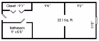 Black-and-white floor plan of a small unit showing a bathroom (9 ft x 5 ft 5 in), a closet, and a 221 sq ft main room with dimensions marked.