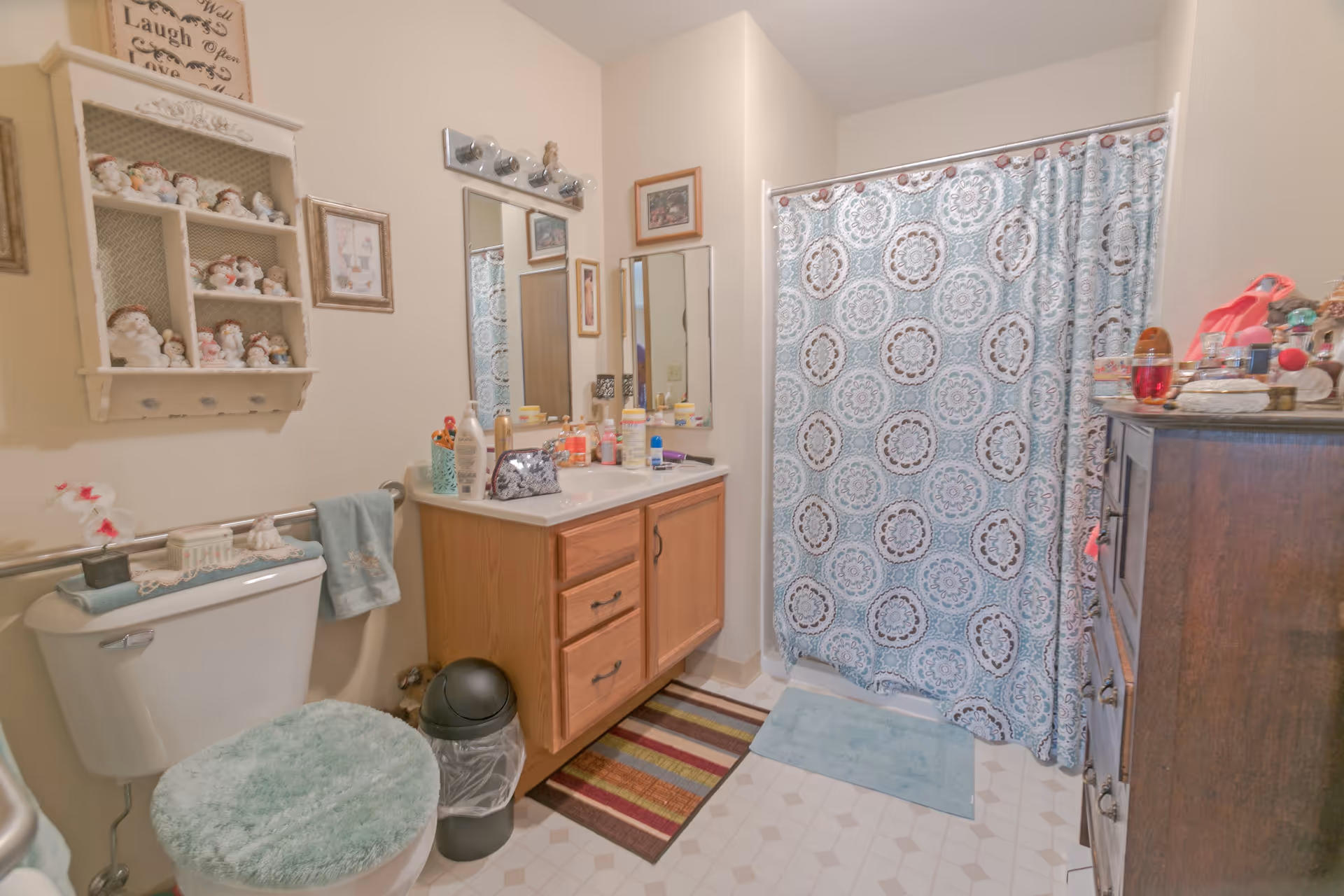 A bathroom with a toilet covered with a green fuzzy seat cover, a wooden vanity with a sink and various toiletries, a mirror above the sink, a shower with a blue patterned curtain, a small trash can, and a wooden cabinet with more toiletries on top. The walls are decorated with framed pictures and a small shelf holding decorative items.