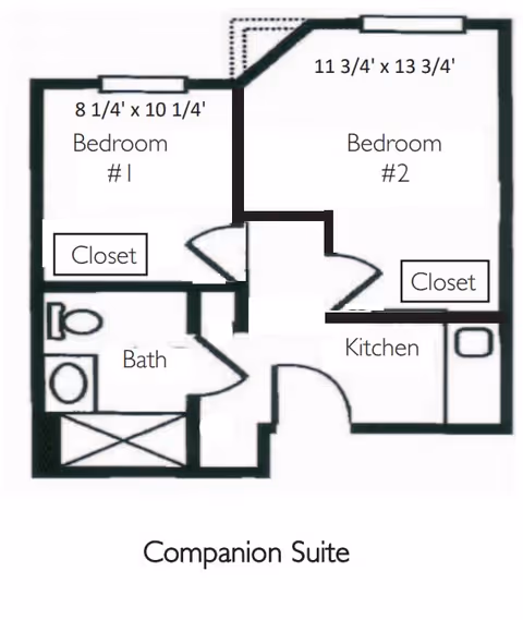Floor plan of a companion suite at Morningside House of Leesburg showing two bedrooms, each with a closet, a bathroom, and a kitchen area.