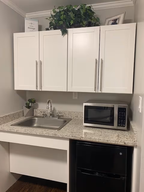 A small kitchenette area with white cabinets mounted on the wall, a granite countertop with a stainless steel sink and faucet, a microwave on the right side of the counter, and a black mini refrigerator underneath. There is a small potted plant and a decorative sign on top of the cabinets, along with a green leafy plant.