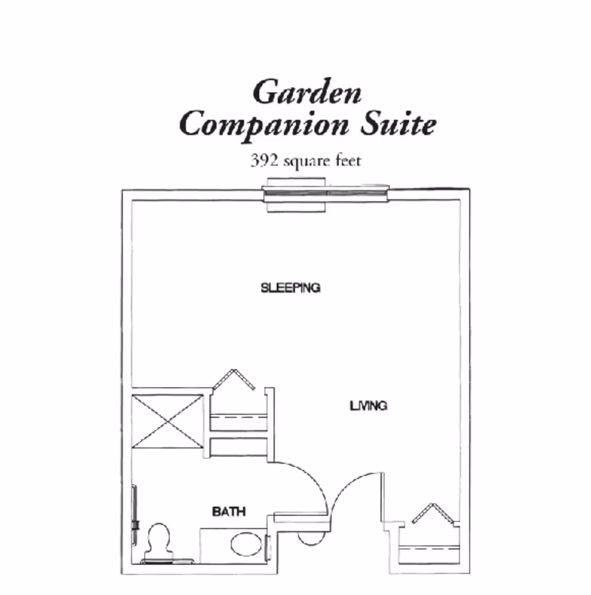 Floor plan of the Garden Companion Suite at Hibiscus Court, showing a 392 square feet layout with designated sleeping, living, and bath areas.