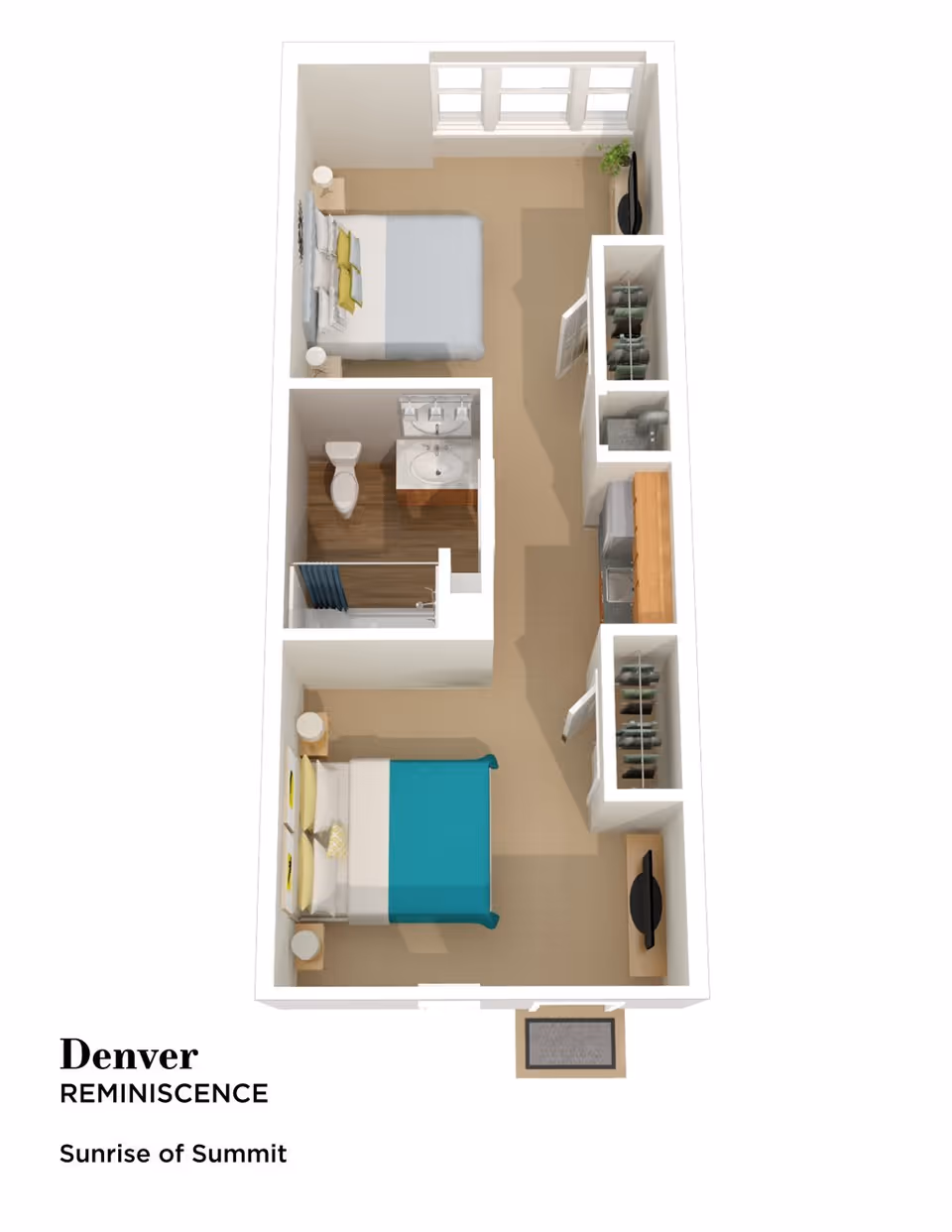 3D floor-plan rendering of a long one-bedroom apartment showing bedroom, bathroom, kitchen, closets and entryway.