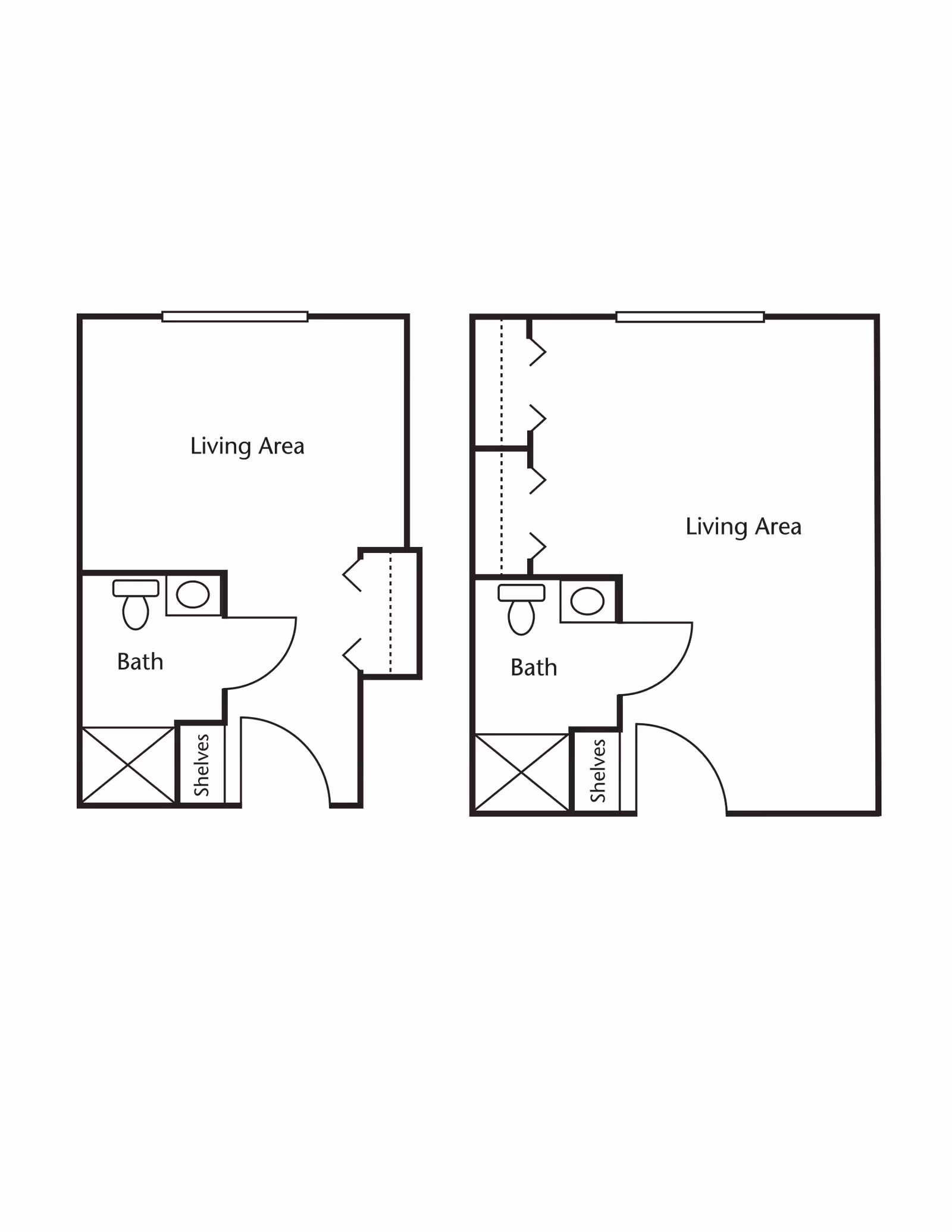 Architectural floor plan showing two layouts of living areas with attached bathrooms and shelves. Each layout includes a living area, a bath with a toilet and sink, and shelving space. The left layout has a smaller living area, while the right layout has a larger living area with additional closet space.