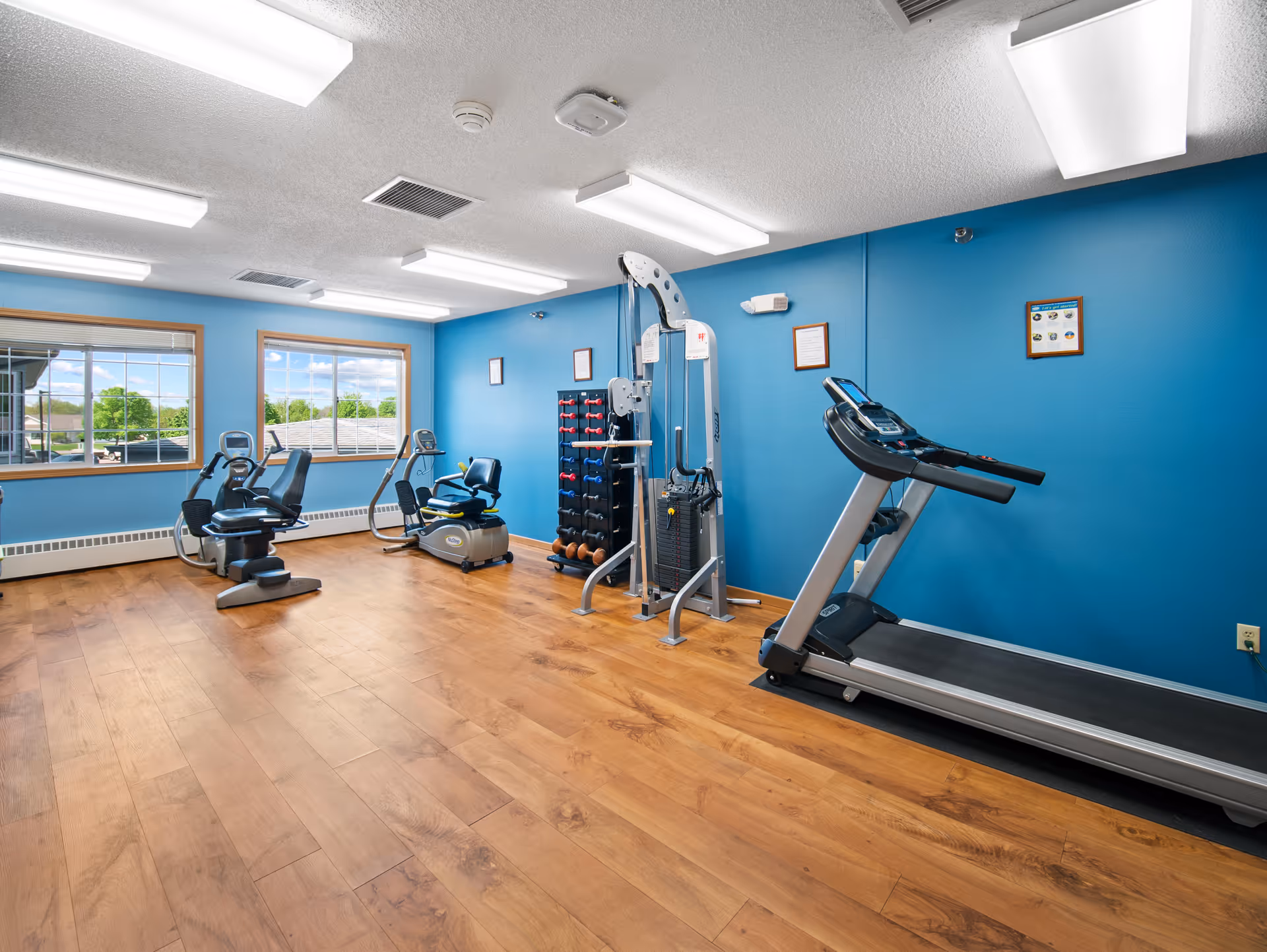 Bright exercise room with a treadmill, recumbent bikes, a multi-station weight machine and dumbbells against blue walls and wood-look flooring.