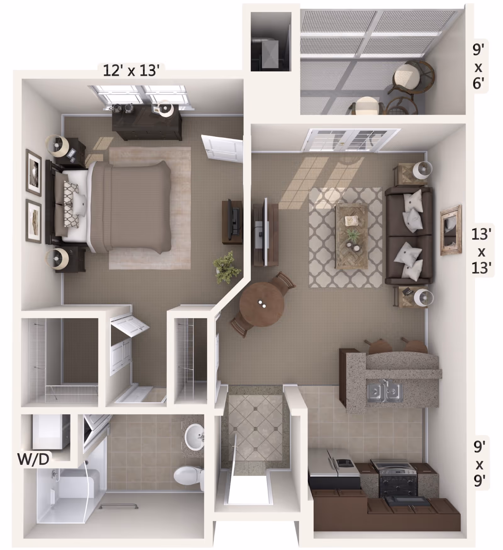 Top-down floor plan of a one-bedroom apartment featuring a bedroom with a bed, nightstands, dresser, and closet; a living room with a sofa, coffee table, TV, and dining table with chairs; a kitchen with appliances and a sink; a bathroom with a shower, toilet, and sink; a washer/dryer area; and a small balcony with two chairs and a table.