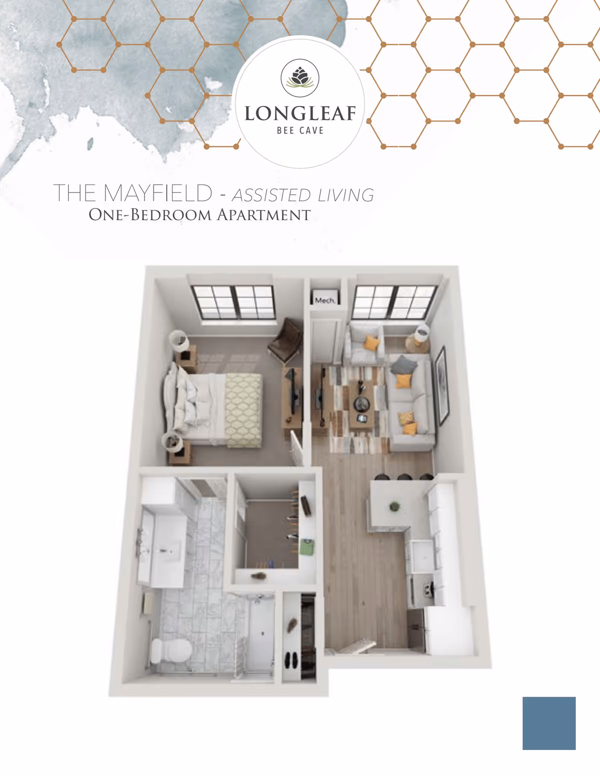 3D floor plan of The Mayfield one-bedroom assisted living apartment at Longleaf Bee Cave, showing a bedroom with a bed and chair, a bathroom with a shower and toilet, a walk-in closet, a living room with sofas and a coffee table, and a kitchen with a counter and appliances.