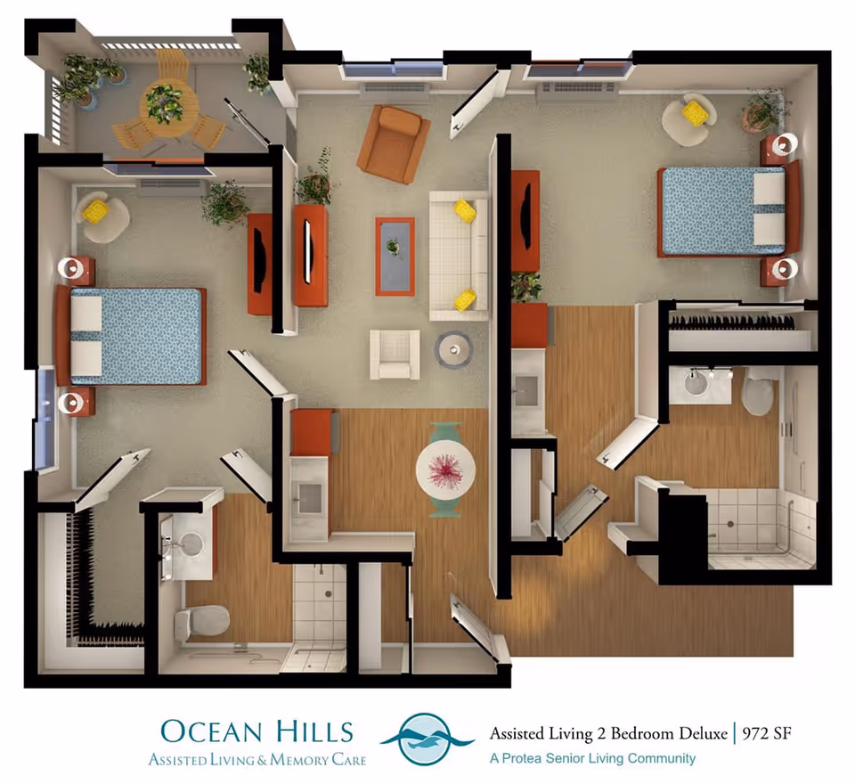 Floor plan of a two-bedroom deluxe assisted living apartment at Ocean Hills Senior Living, showing two bedrooms with beds and chairs, a living room with sofa and chairs, a dining area with a round table, a kitchen, two bathrooms, and a balcony with outdoor seating and plants.