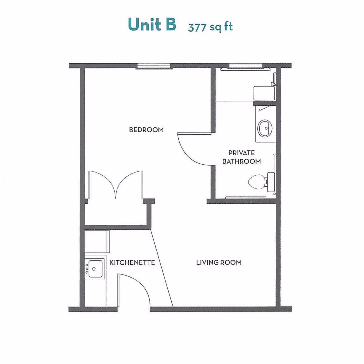 Black-and-white floor plan labeled 'Unit B 377 sq ft' showing a bedroom, private bathroom, kitchenette, and living room.
