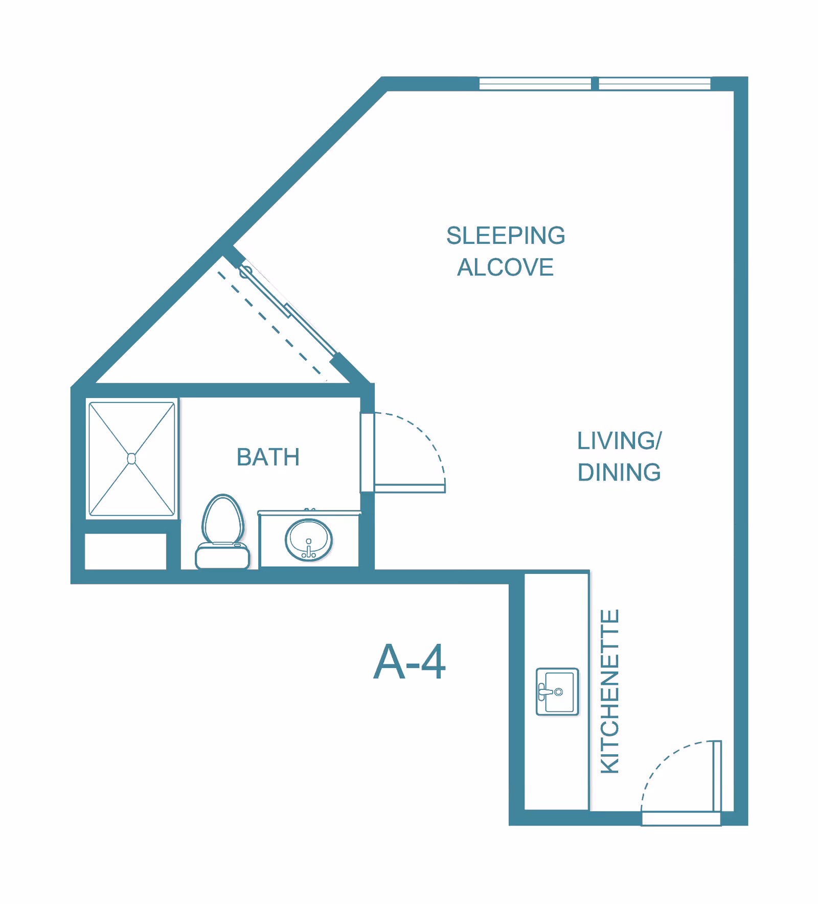 Floor plan layout of a studio apartment labeled A-4, featuring a sleeping alcove, living/dining area, kitchenette with a sink, and a bathroom with a shower, toilet, and sink.