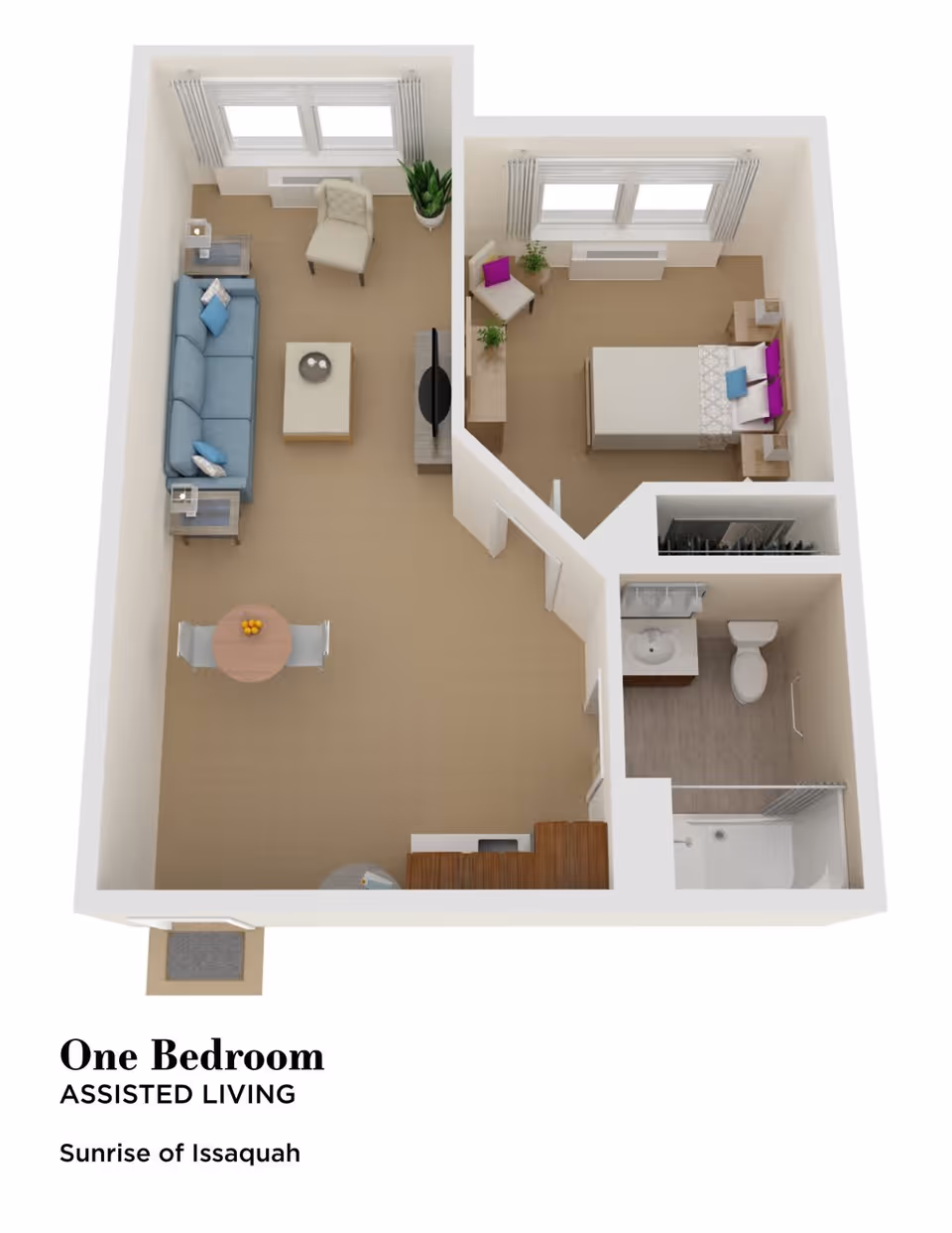 3D floor plan of a one-bedroom assisted living apartment at Sunrise of Issaquah showing a living room with a sofa, armchair, coffee table, TV, and dining table with two chairs; a bedroom with a bed, two nightstands, and an armchair; and a bathroom with a sink, toilet, and shower.
