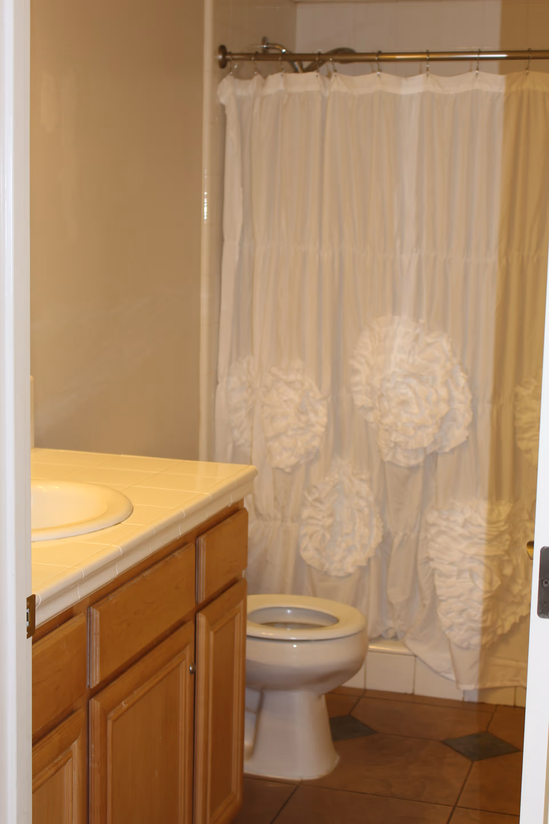 Small bathroom with a sink vanity, toilet, and a shower with a white ruffled curtain.